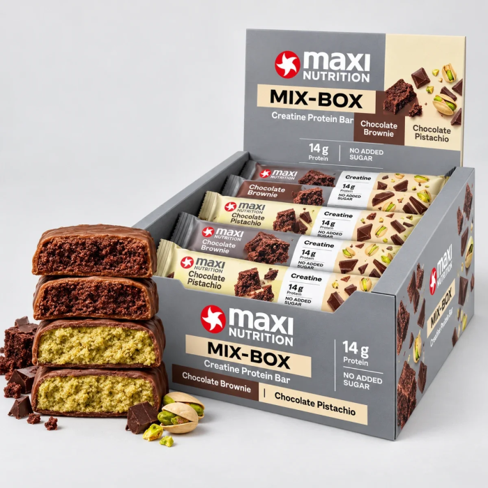 MaxiNutrition Barres protéinées à la créatine 16 x 40 g MIX-BOX Chocolat Pistache (8x) + Brownie au chocolat (8x)